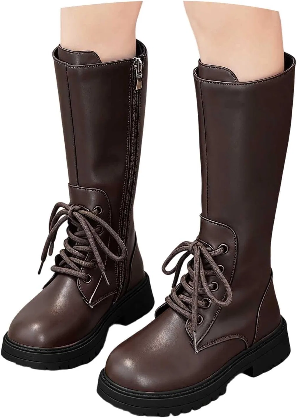 Детские ботинки для девочек с принтом, модель Girls Knee Length Boots Mid Calf Riding Boots PU Leather Zipper Punk Goth Boot Fall Winter Bowknot Combat Boot Little Big Kid, Brown — фото 3