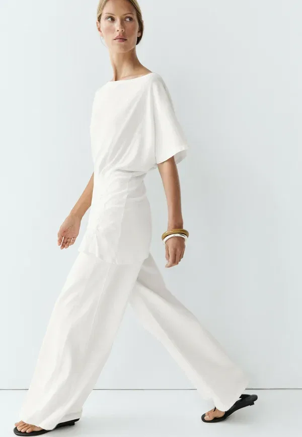 Футболка с асимметричным кроем, 100% хлопок, Asymmetric top with embroidered detail, Massimo Dutti, белый — фото 3