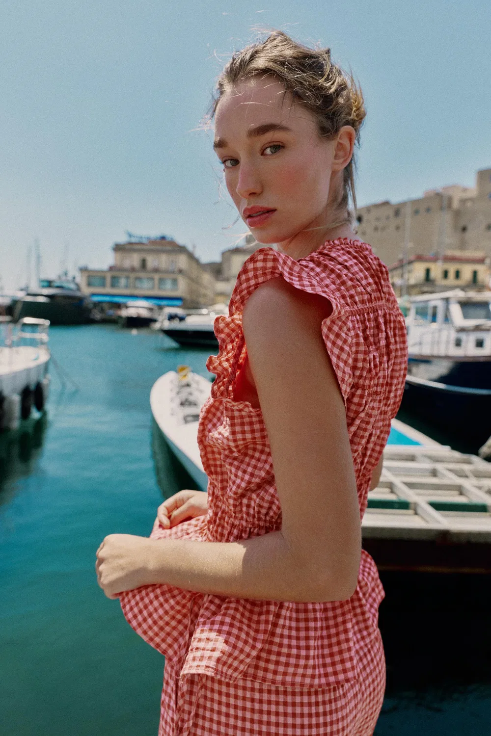 Топ в клетку со сборками ZARA, White/Red — фото 4