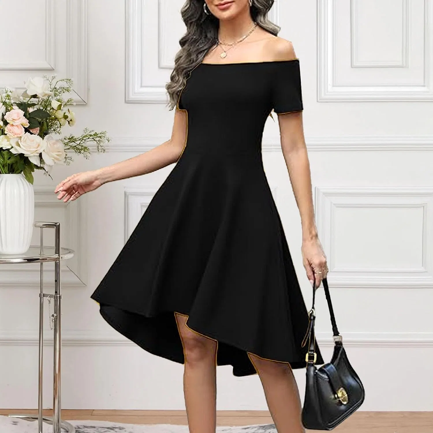 Женское коктейльное платье с открытыми плечами, Black — фото 3