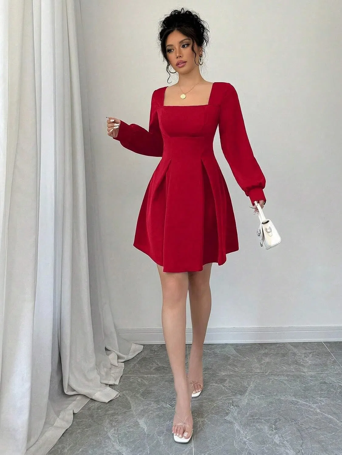 Женское платье A-силуэта с квадратным вырезом, Red — фото 4