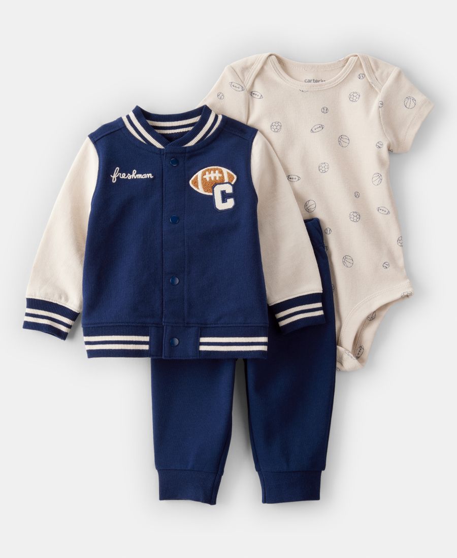 

Детский хлопковый комплект для мальчиков: куртка-боди и штаны в стиле университетской формы, 3 предмета Carter's, Navy/Ivory
