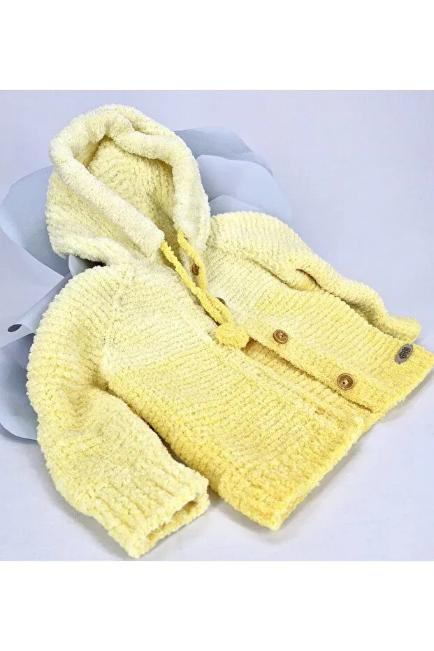 Детский кардиган для девочек с капюшоном Hand Knitted Soft Plush Hooded Girl's Cardigan Evitle, Sarı