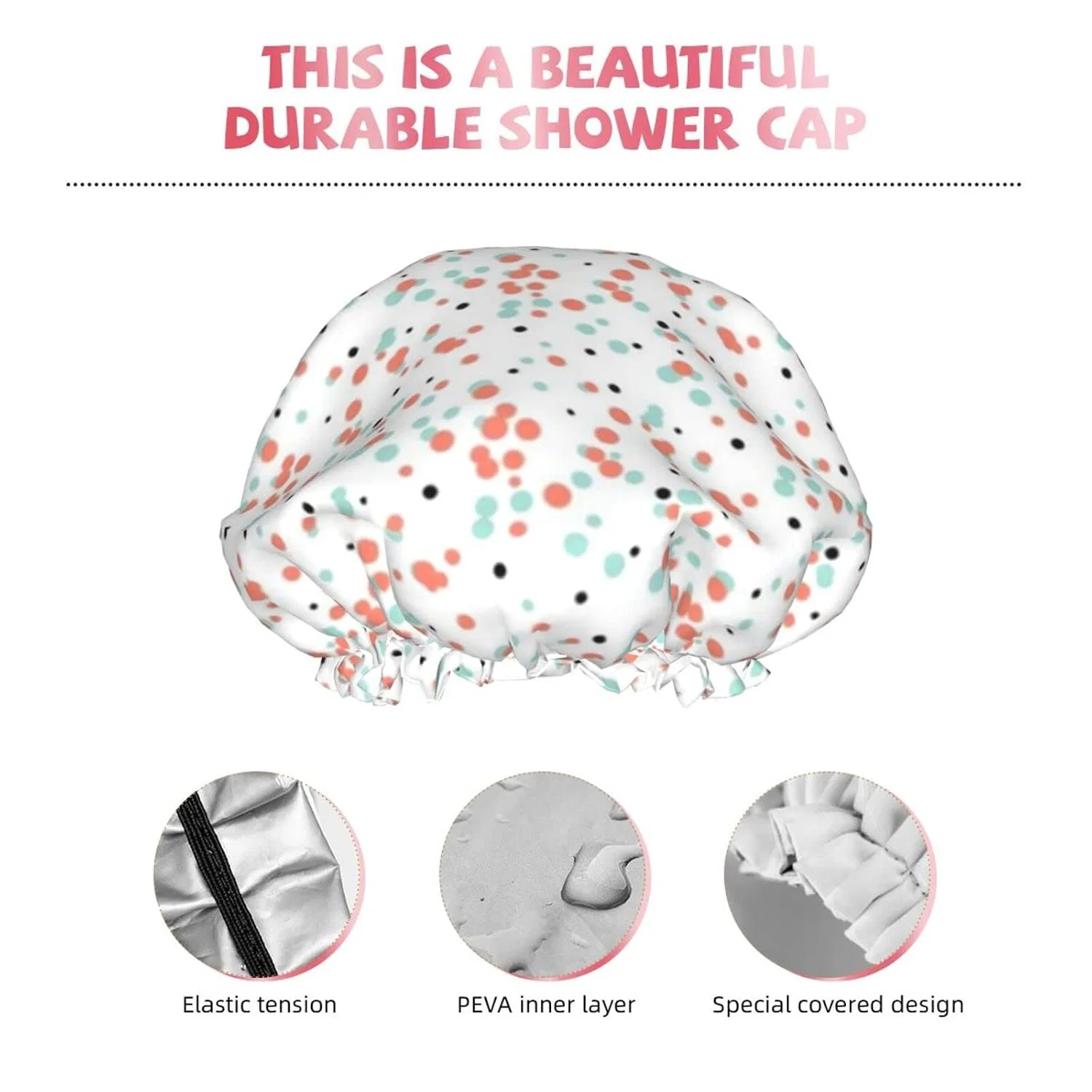 Шапочка для душа Double Layer Waterproof PanaRL, Coral Mint Black Dots — фото 4