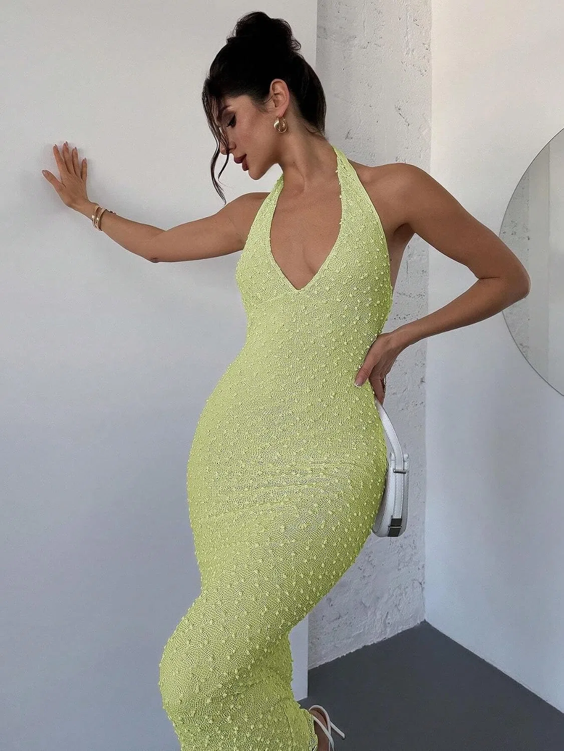 Женское облегающее платье на бретелях с открытой спиной Lime Green — фото 3