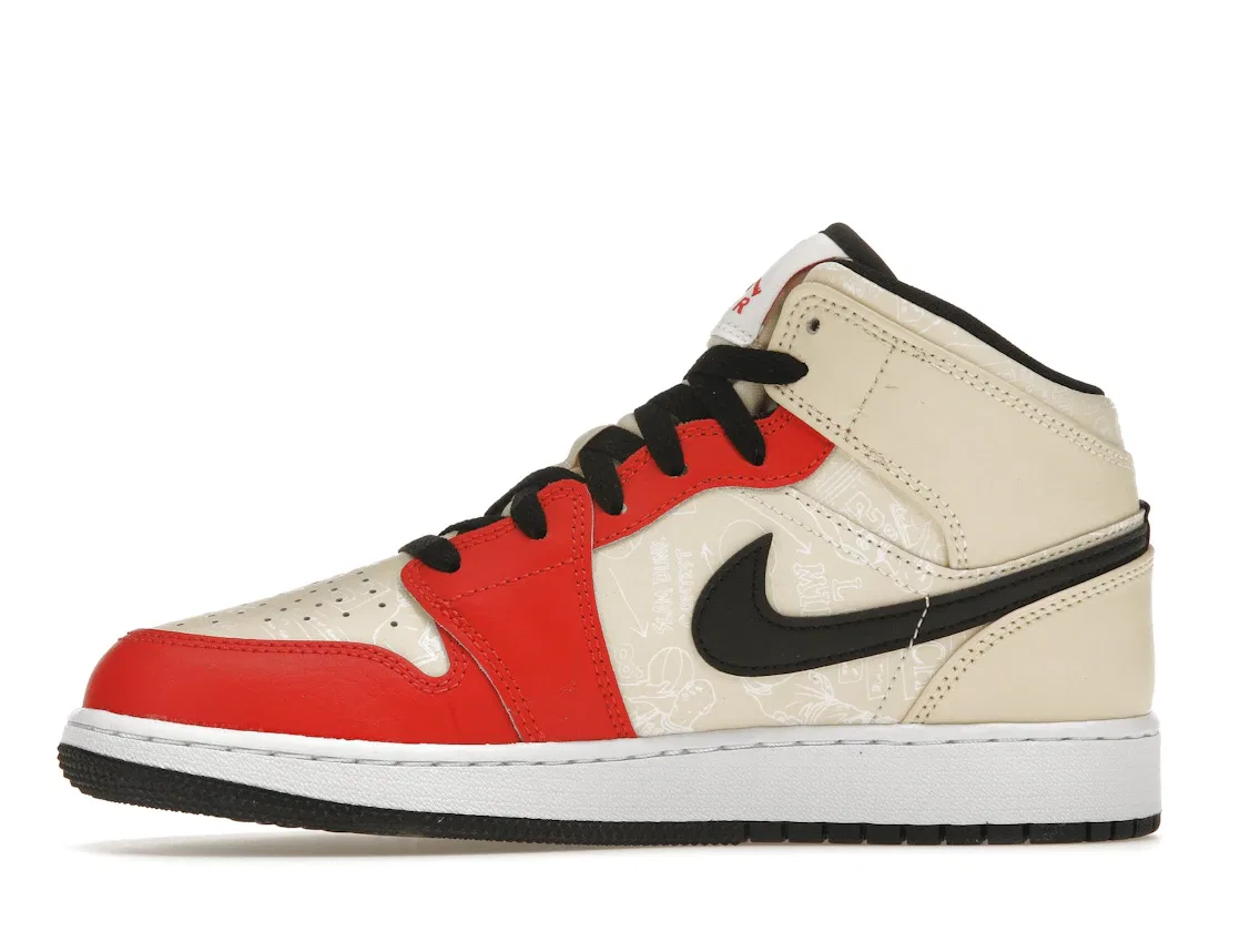 Детские кроссовки для мальчиков с высоким берцем Jordan 1 Mid SS '88 Dunk Contest (GS) Jordan, Muslin/Black/White/Chile Red — фото 3