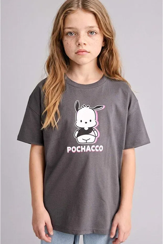 Детская футболка для девочек оверсайз с принтом Pochacco Defacto, Anthracite-Ar58