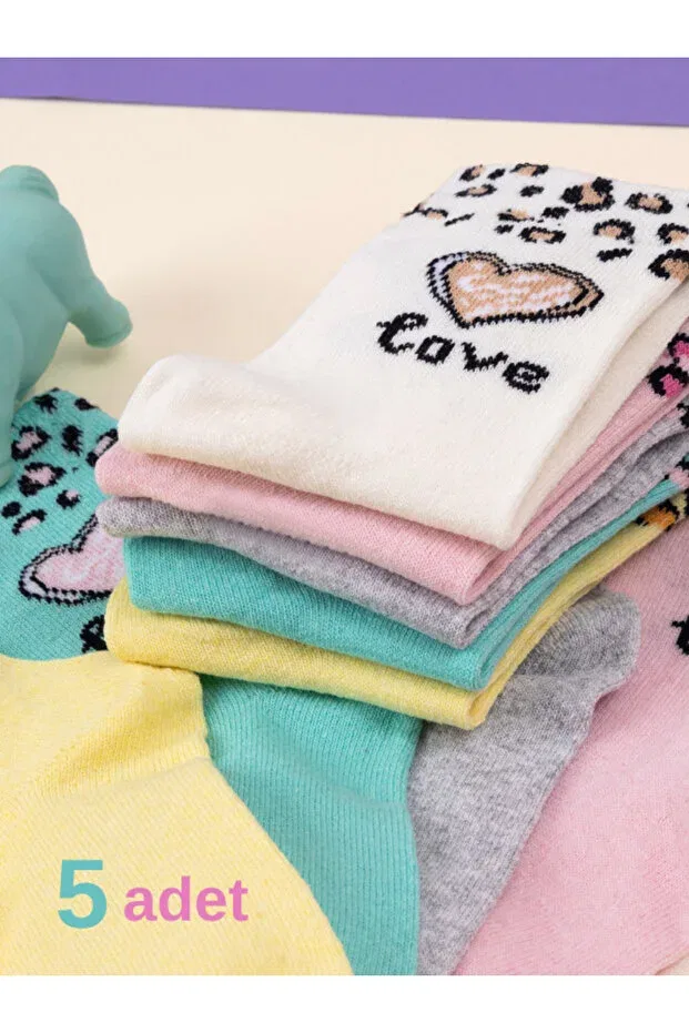 Детские носки для девочек с принтом 5 пар Heart & Leopard Patterned Baby Socks & Kids Socks Special Girls Socket Series Hobins Sportswear & Company, Pink — фото 3