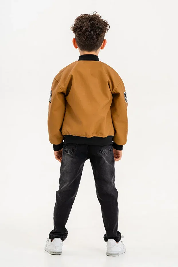 Детское пальто-блейзер для девочек с принтом Rock Embroidered Snap Fastener Boy's Leather Jacket Dazzledkids, Mustard — фото 4