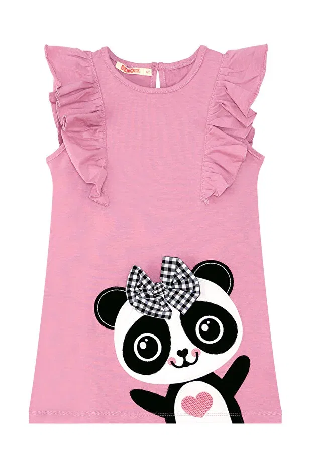Детское платье для девочек с коротким рукавом Panda Ruffle Detail Denokids, Pink — фото 3