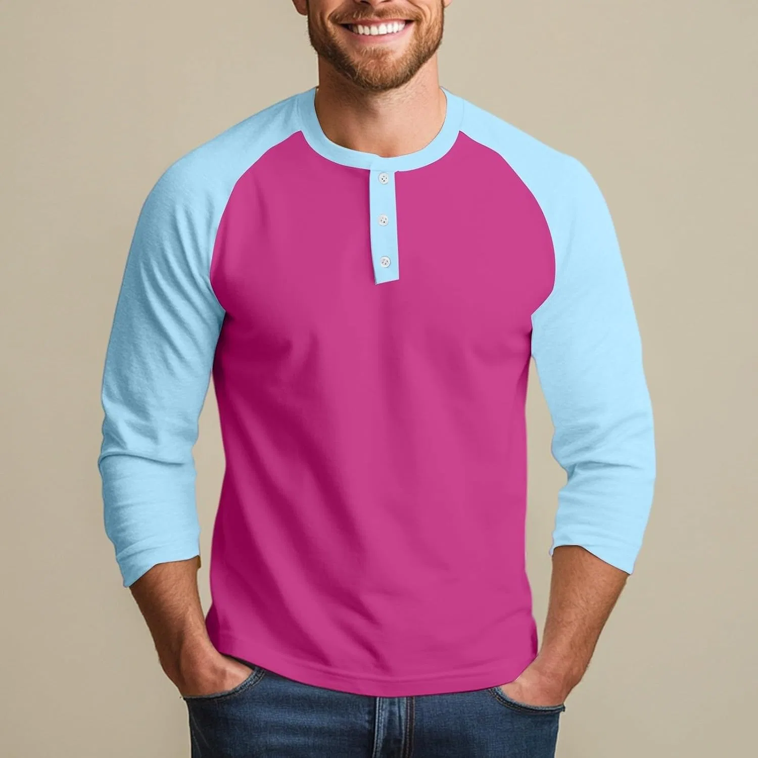 Мужская бейсбольная футболка с 3/4 рукавом, Hot Pink — фото 2