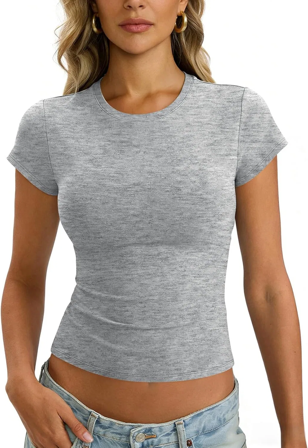 Женская футболка с круглым вырезом, облегающая, хлопок, C004- Light Gray — фото 4