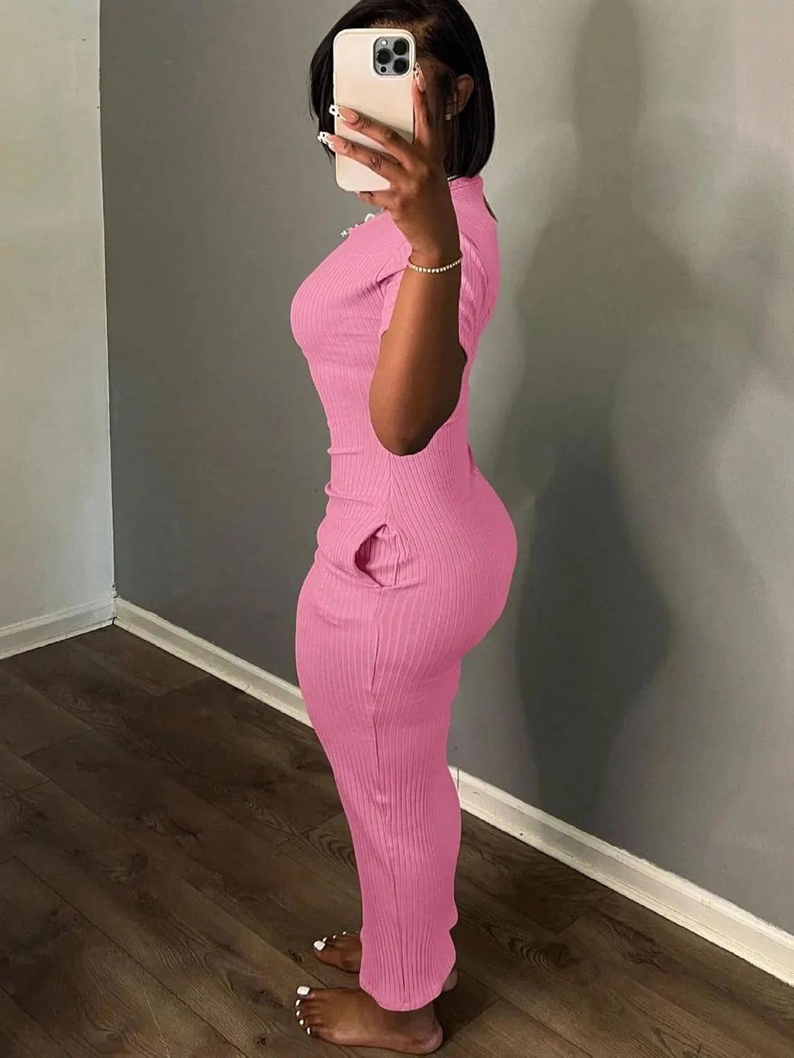 Женское облегающее платье миди с рельефной вязкой Bodycon, Pink — фото 2