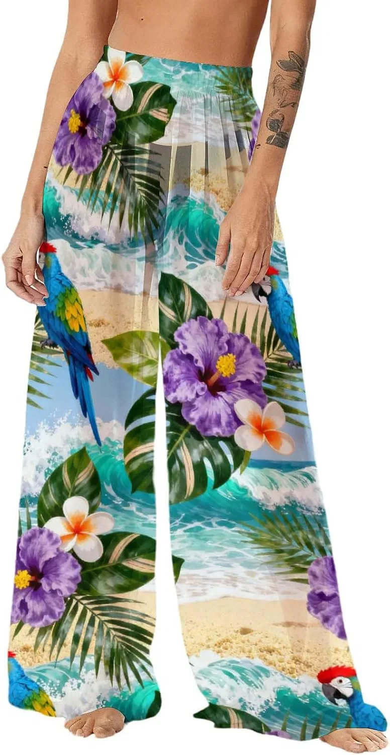 Женские широкие пляжные брюки из сетки с рюшами, Light Blue-17
