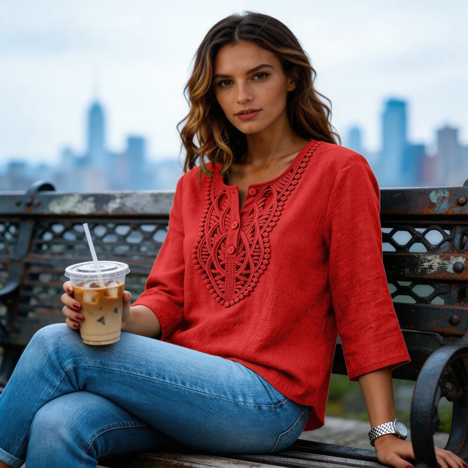 Женская льняная туника с вышивкой Retro 3/4 Sleeve Boho Casual Loose Fit Lightweight Summer Beach Blouse, A-red — фото 3
