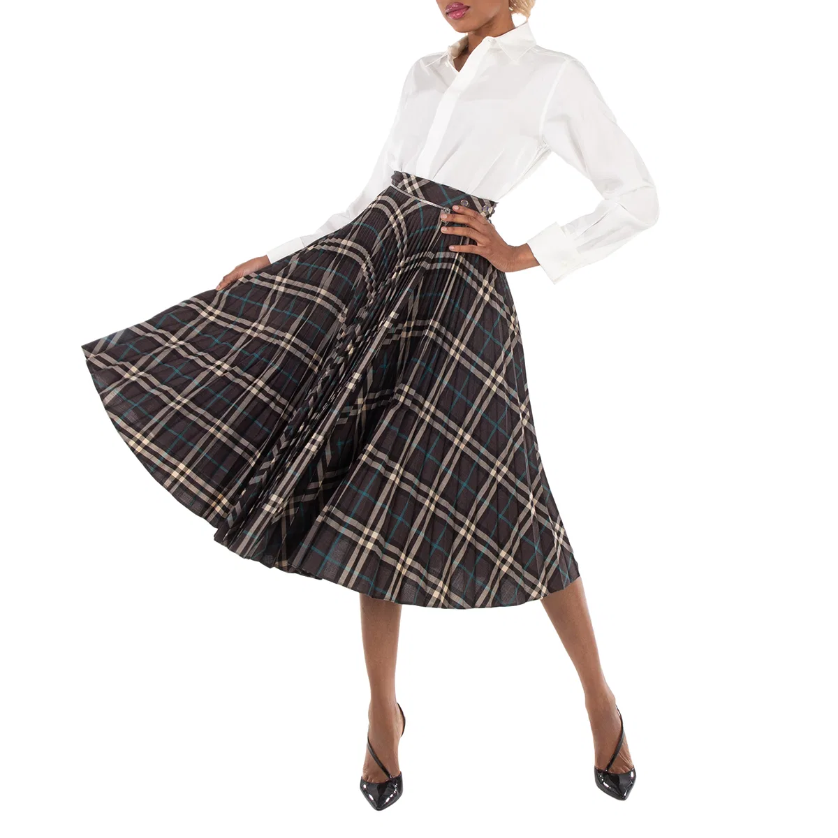 Юбка шерстяная в клетку с плиссировкой и молнией Checkered Pleated Zip-Detailed Wool Skirt Burberry, Snug Ip Check — фото 4