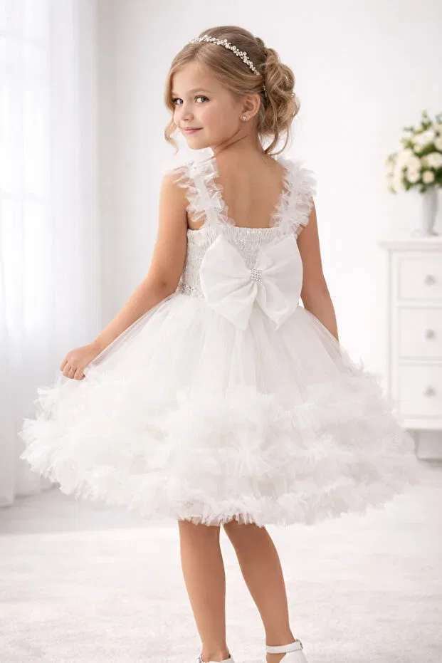 Детское платье для девочек с принтом Girl'S princess dream tulle evening dress - special design with bow - wedding & birthday & prom Atlas Kids, White — фото 3