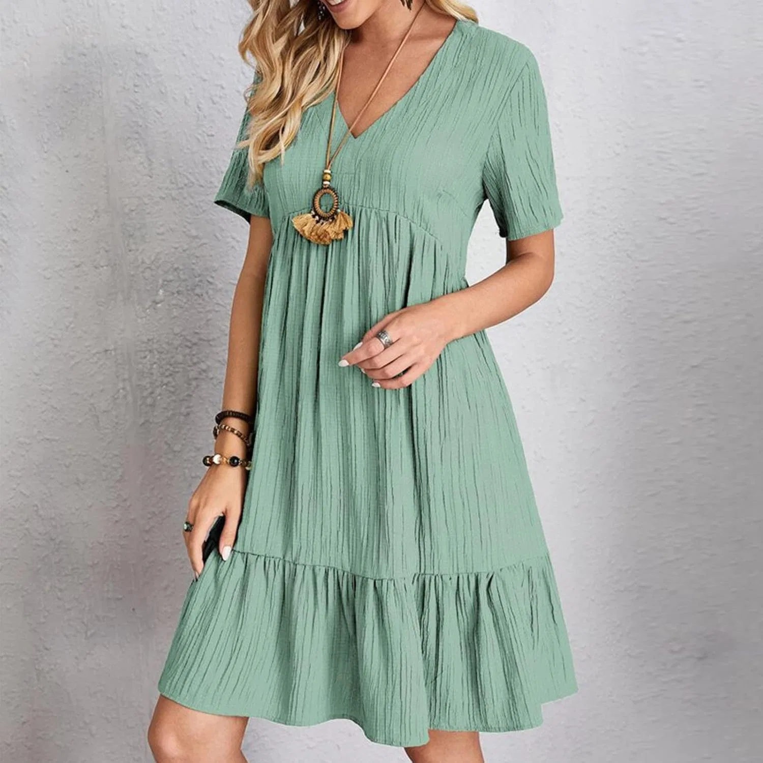 Женское летнее мини-платье с V-образным вырезом A-силуэта, Mint Green — фото 4