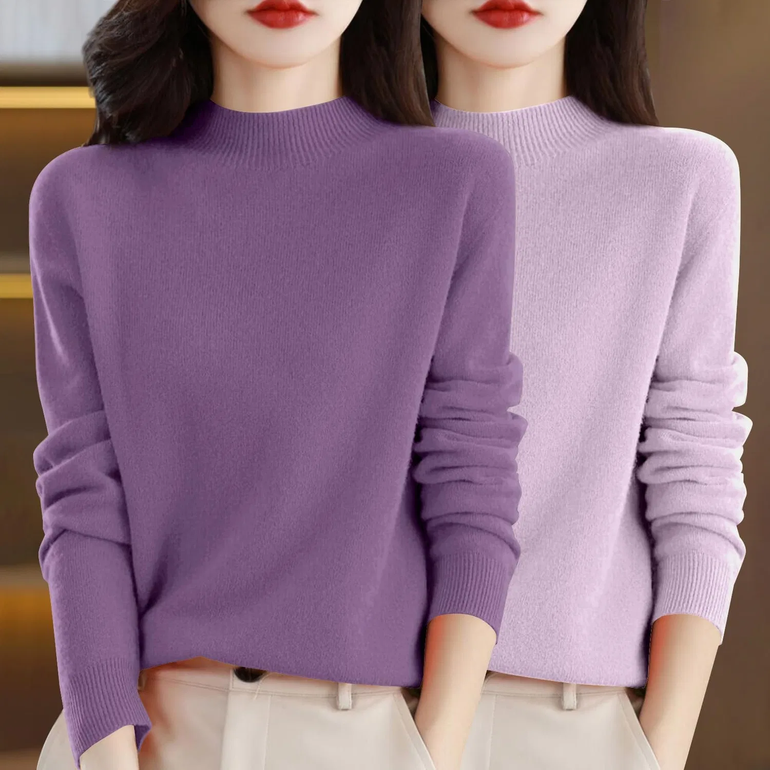 Женский свитер с полугольфом и длинным рукавом, оверсайз, из кашемира, Purple — фото 2