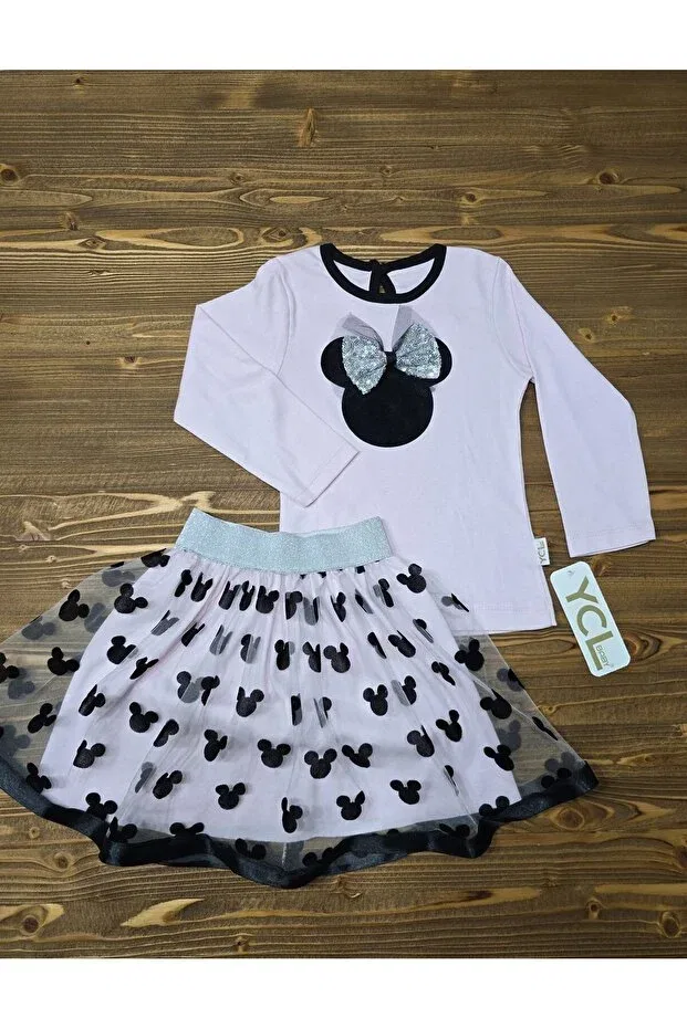 Детский комплект для девочек с принтом Minnie Mouse Print Pink Shiny Ribbon T-shirt And Minnie Detail Tulle Lined Skirt Set Ycl, Pink