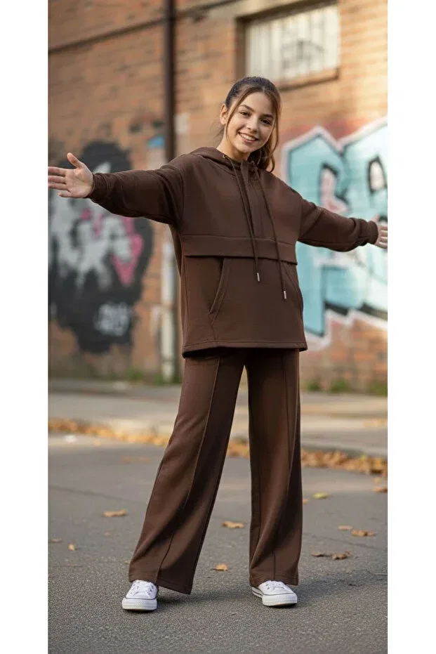 Детский комплект спортивного костюма для девочек с капюшоном Pantulux, Brown