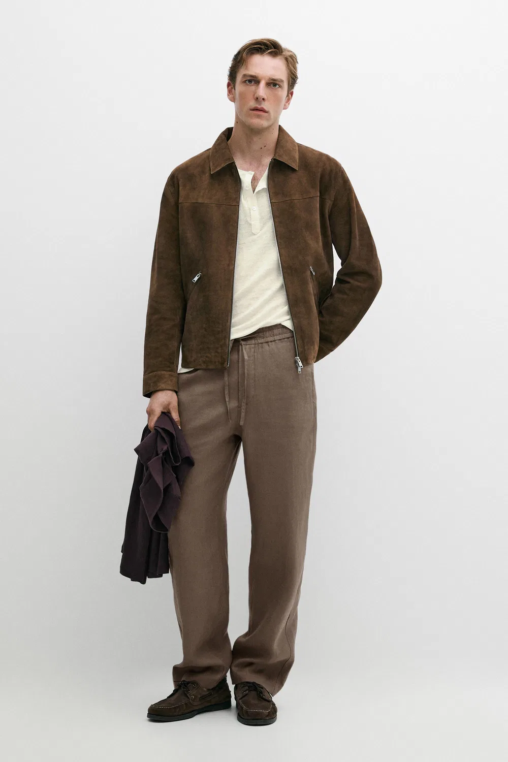 Куртка на молнии Massimo Dutti, кожаная, коричневый меланж
