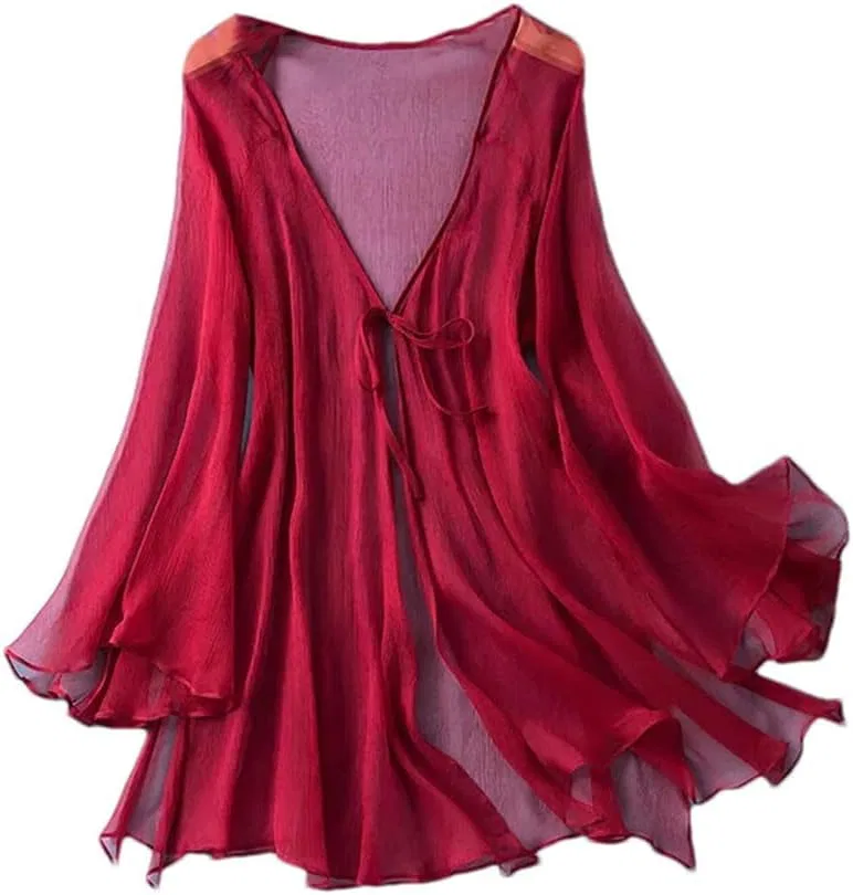 Женский шелковый кардиган кружевной шаль Beachwear, Red
