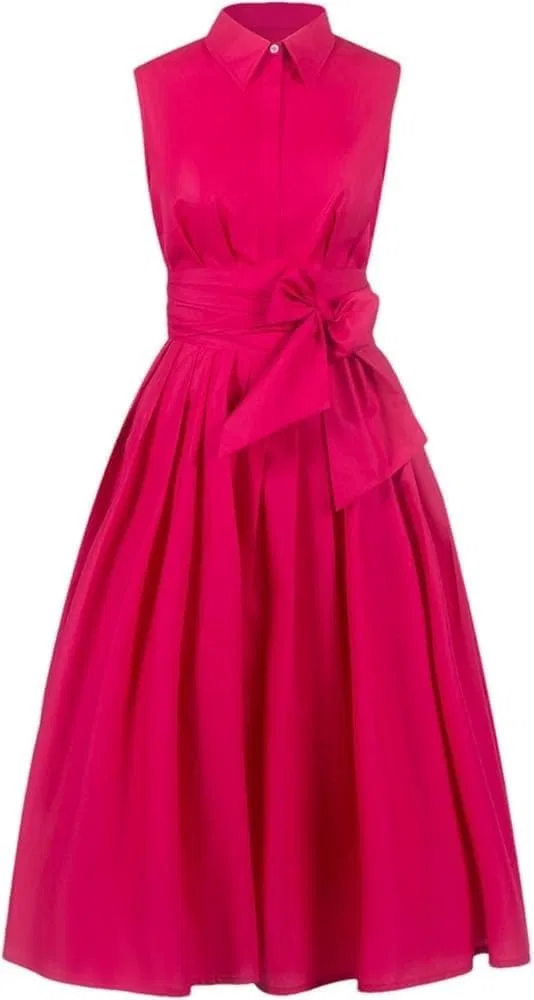 Женское платье-трапеция с поясом-бантом, Summer Lapel Sleeveless Bow Belt A-Line Maxi Dress, розовый