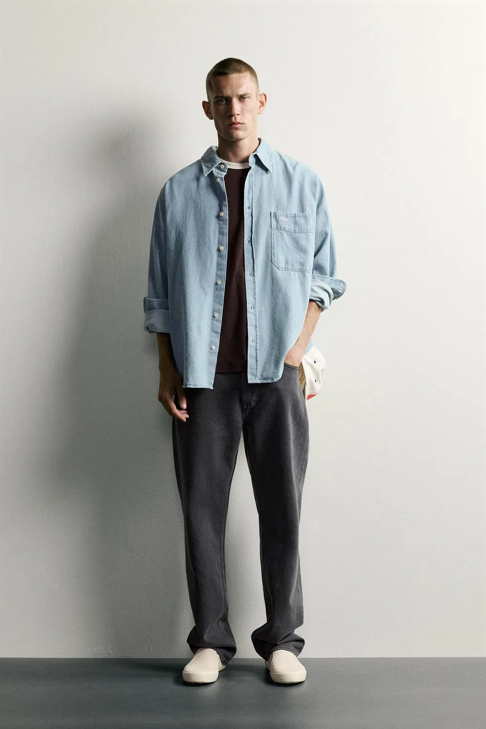 Джинсовая рубашка свободного кроя с вышивкой ZARA, Sky blue