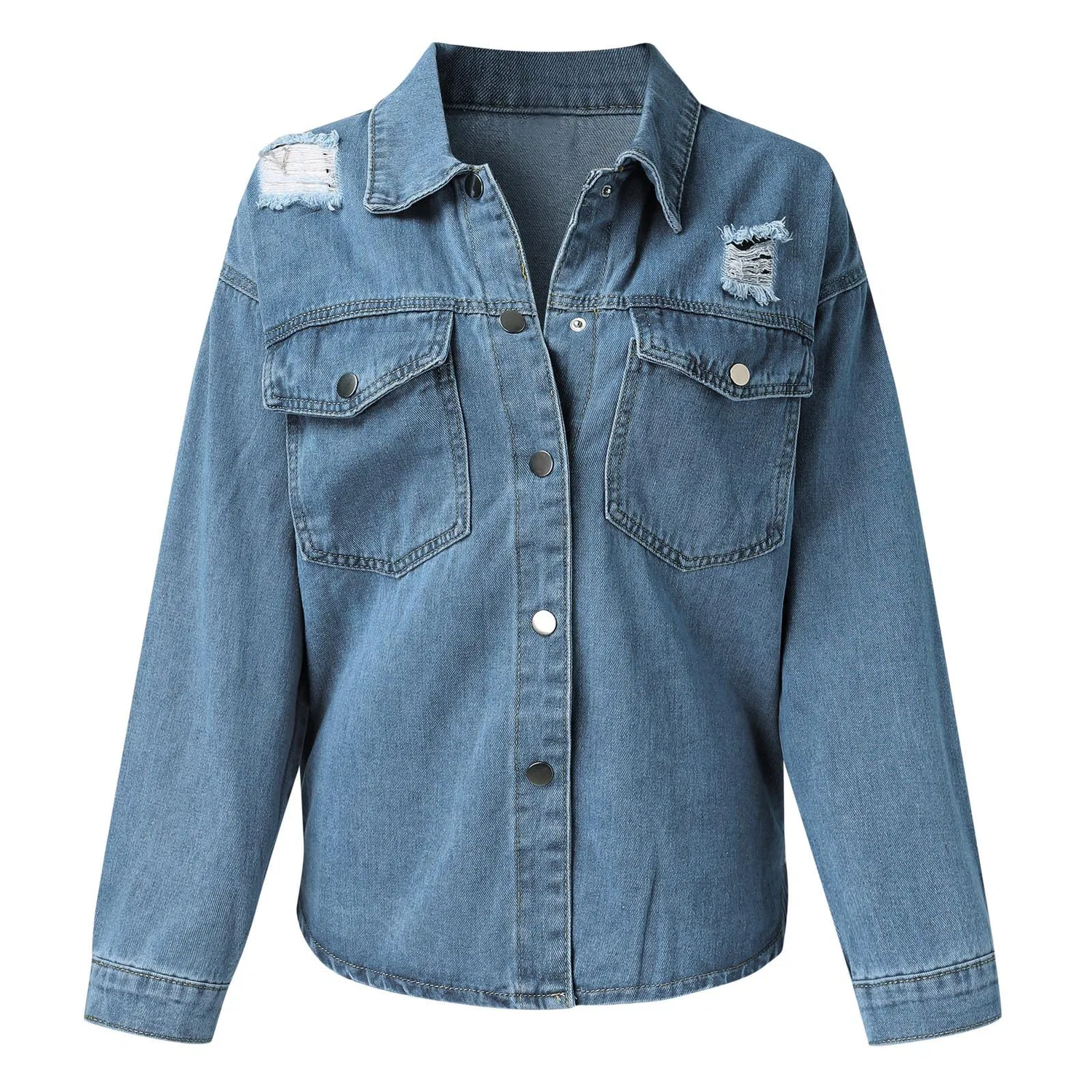 Женская джинсовая куртка с принтом, с длинным рукавом, модель Giacca di Jeans Strappata Lavata Autunno e Inverno da Donna Giacca di Jeans con Tasche Larghe Giacca di Pelle Corta, Blu — фото 2