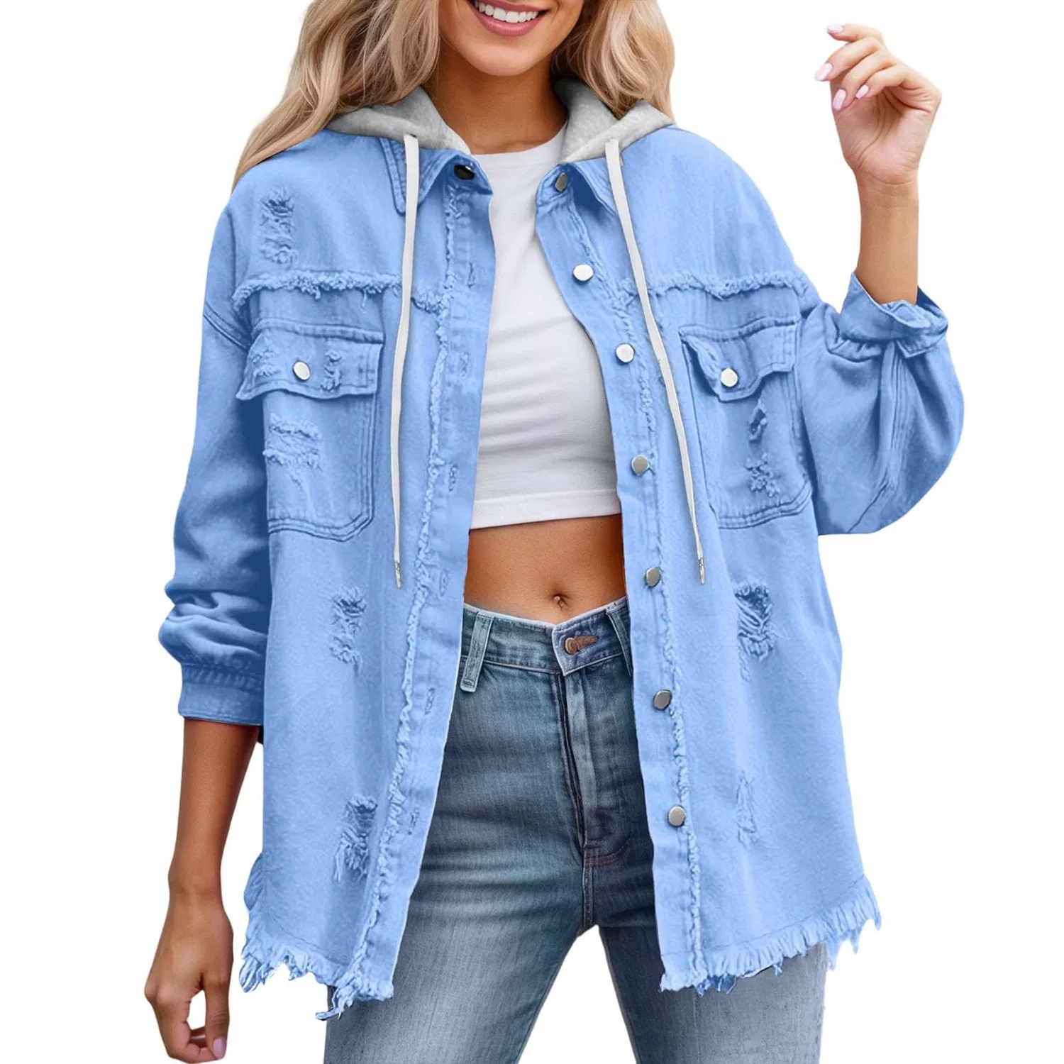 Женская джинсовая куртка oversize с капюшоном, Blu Cielo