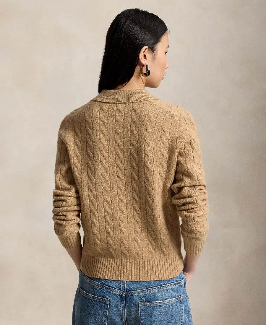 Женский свитер с кабельным узором и длинным рукавом, воротник-поло Polo Ralph Lauren, Collection Camel Melange — фото 4