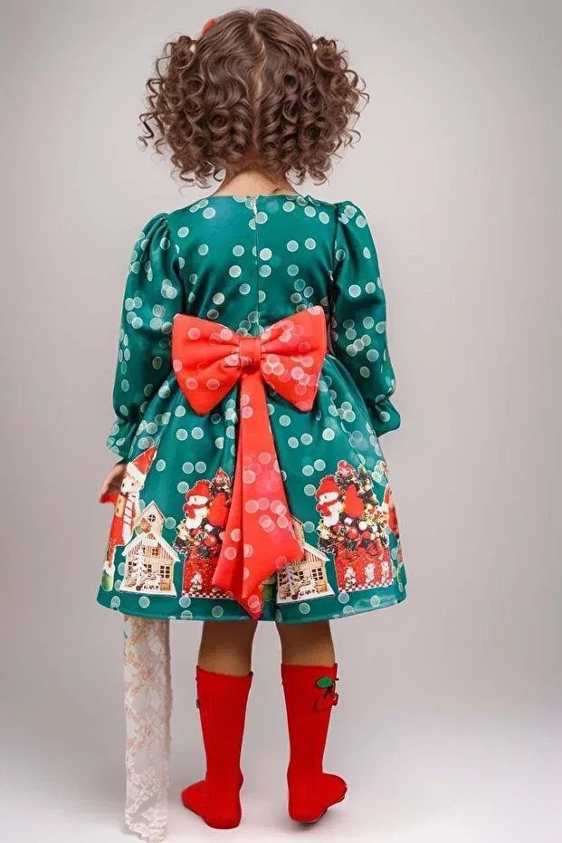 Детское платье для девочек с принтом Girl'S home and teddy bear print green christmas dress with polka dots on the waist stripe Riccotarz, Green — фото 2