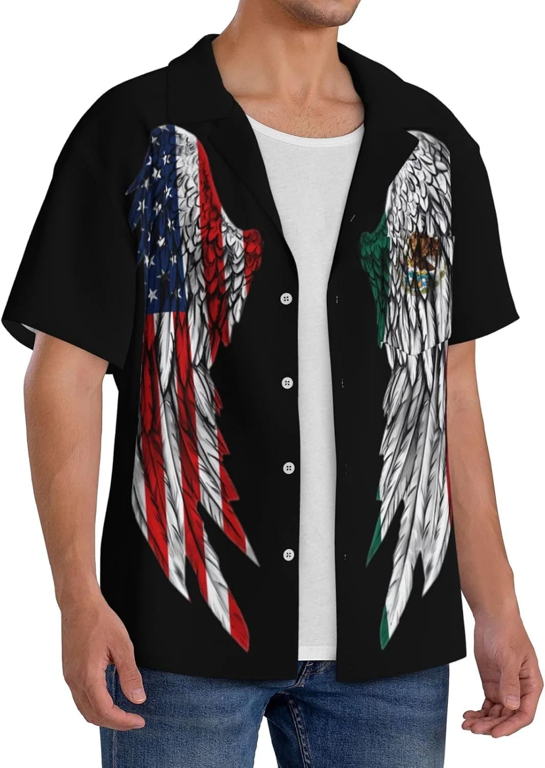 Мужская свободная рубашка с коротким рукавом Wings America and Mexico Flag, Black — фото 2