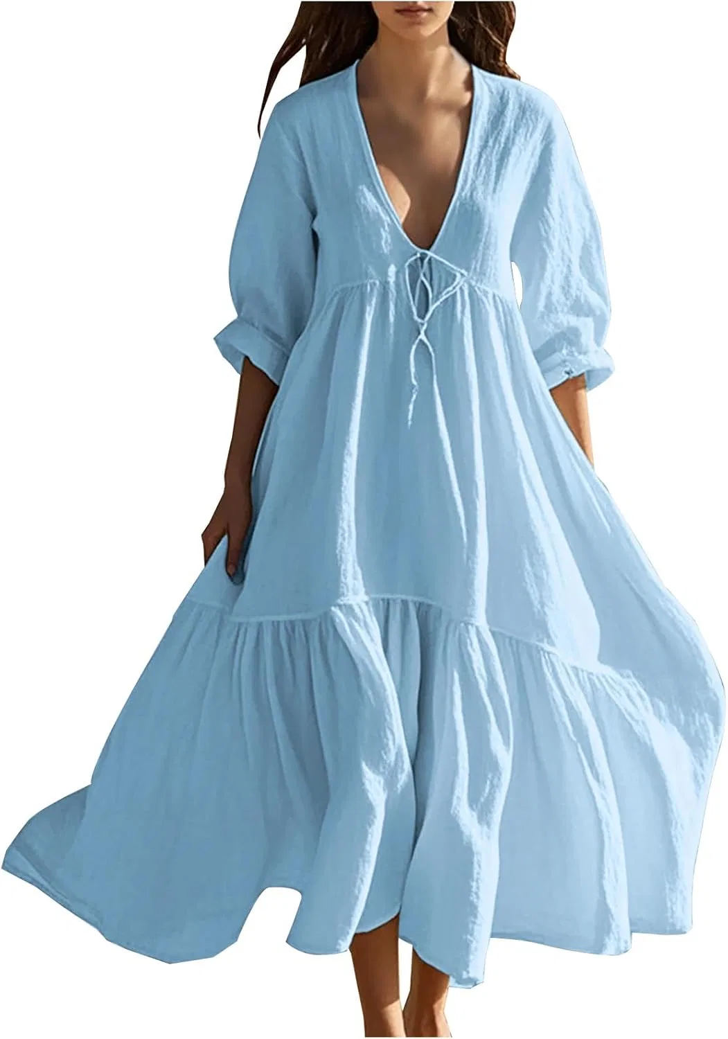 Женское платье-рубашка с V-образным вырезом, 3/4 рукав, макси, Cotton Linen, Blue