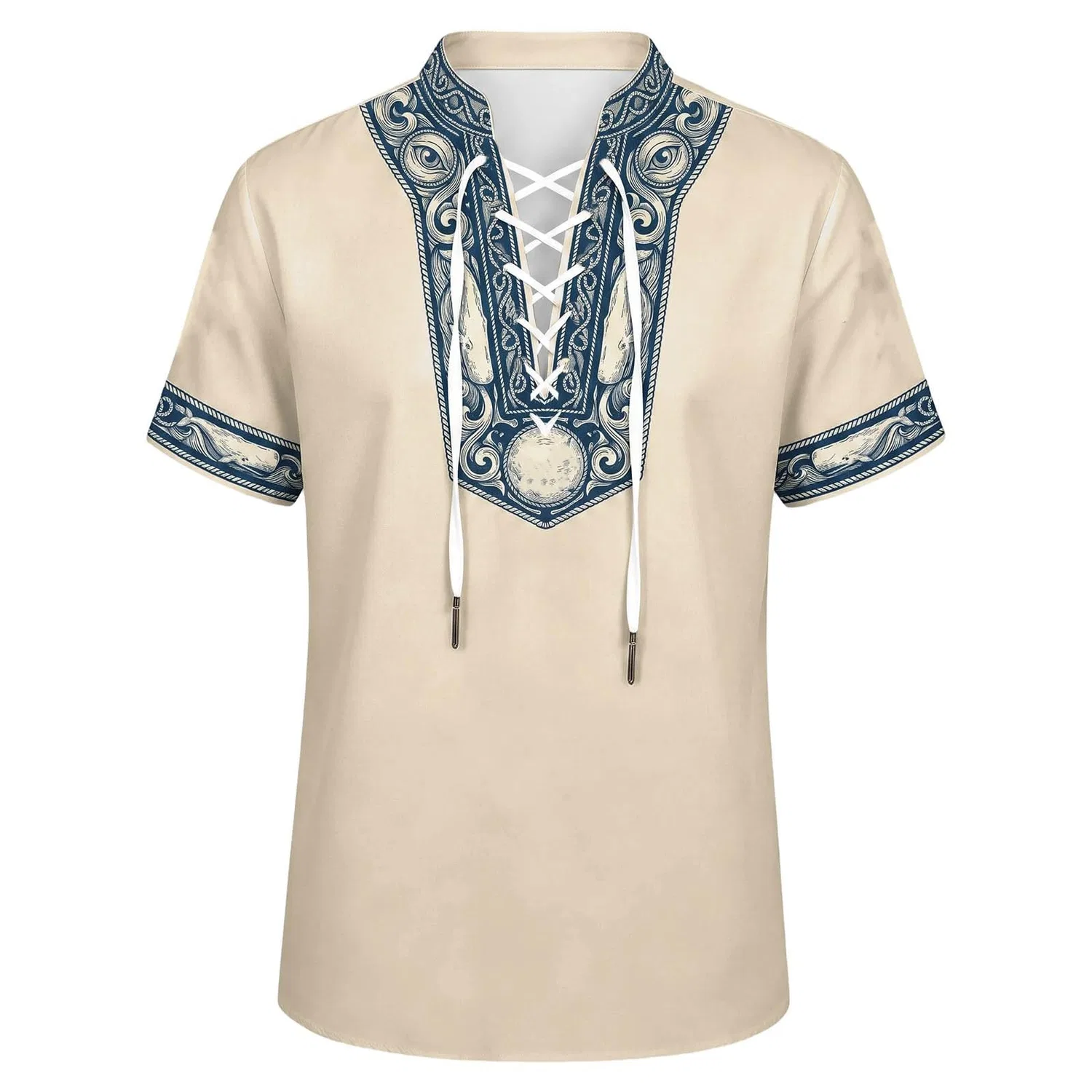 Мужская рубашка с коротким рукавом с морским принтом, Beige-h — фото 3