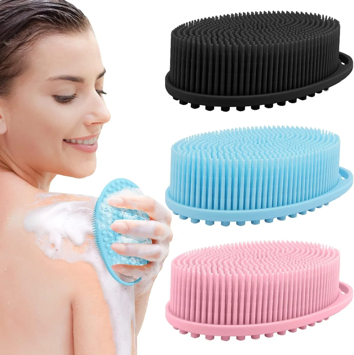 3 Pack Silicone Body Washer, AJMDGW, Black+Blue+Pink