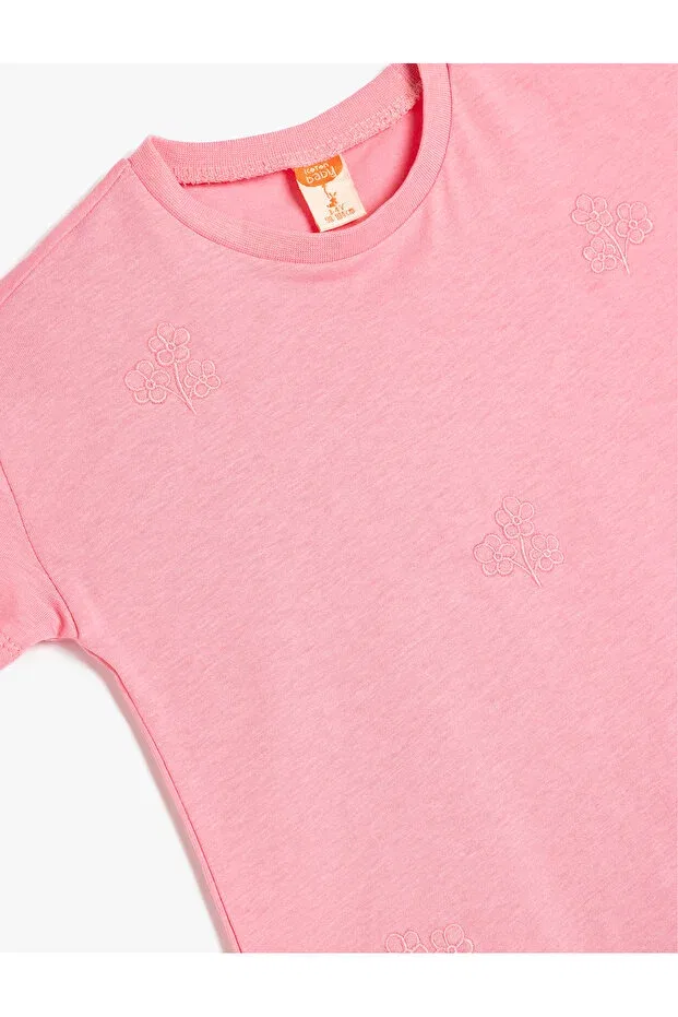 Детская хлопковое футболка с принтом Floral embroidered short sleeve cotton basic t-shirt Koton, Rose — фото 3