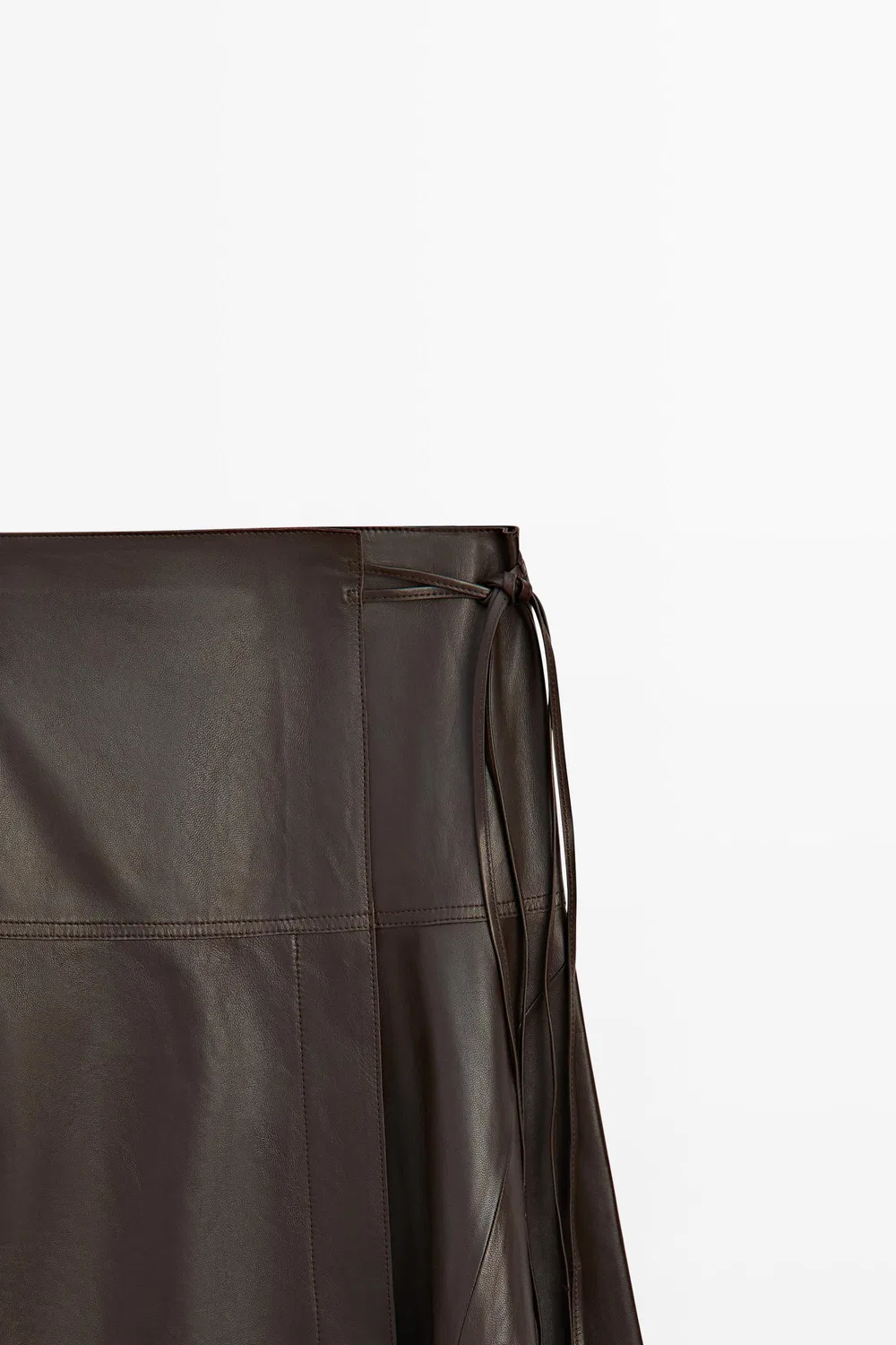 Юбка Massimo Dutti, миди, из кожи Наппа с завязками, коричневый — фото 4