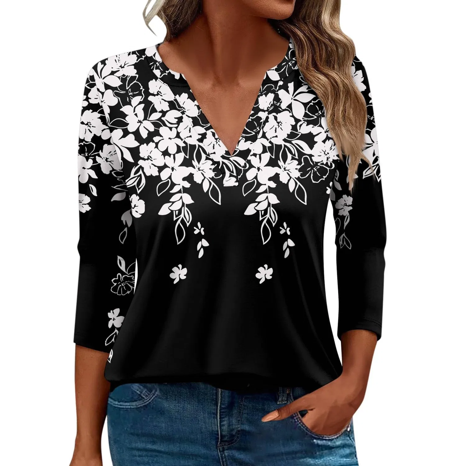 Женская блуза с принтом Women Blouses 3/4 Sleeve V Neck Casual Elegant Summer Boho Floral Print Blouses, 23#grigio Scuro