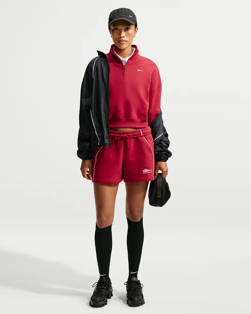 Женский укороченный топ свободного кроя с молнией на четверть длины Nike Studio Fleece Medium Weight, Tough Red/Sail — фото 4