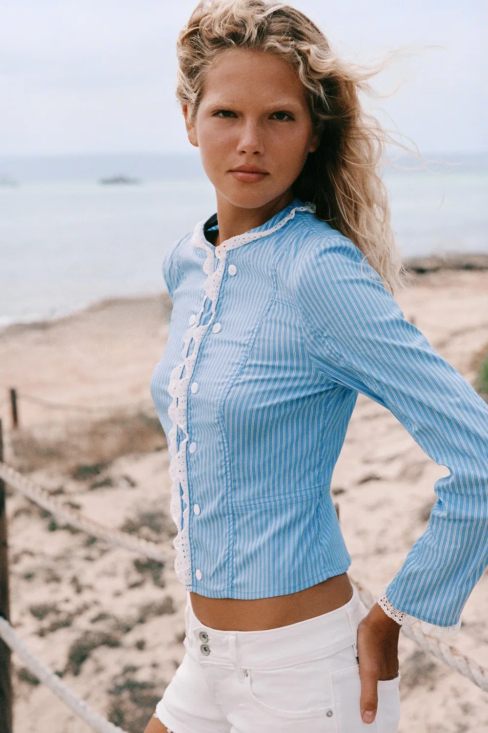 Полосатая поплиновая куртка с кружевом ZARA, Ink blue — фото 2
