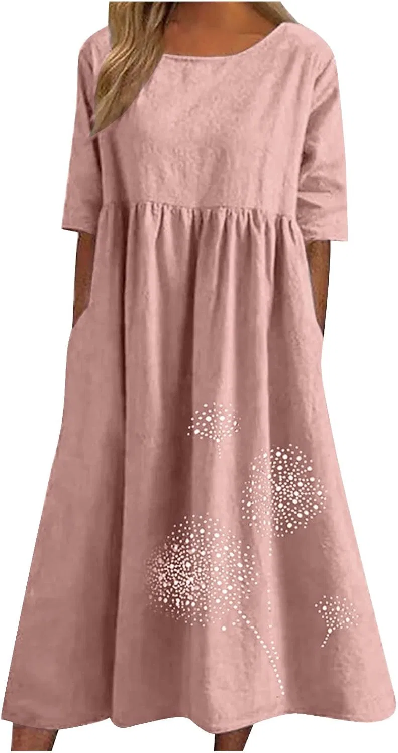 Женское хлопково-льняное платье-футболка с коротким рукавом, Pink