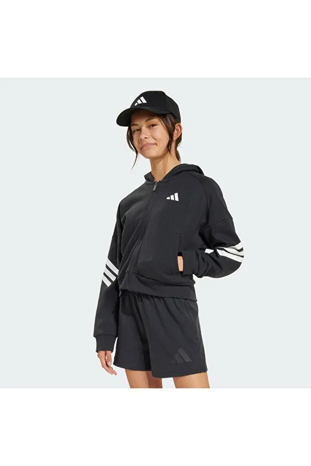 Детское худи для девочек с принтом Future icons 3-stripes full-zip kids hoodie Adidas, Black / White