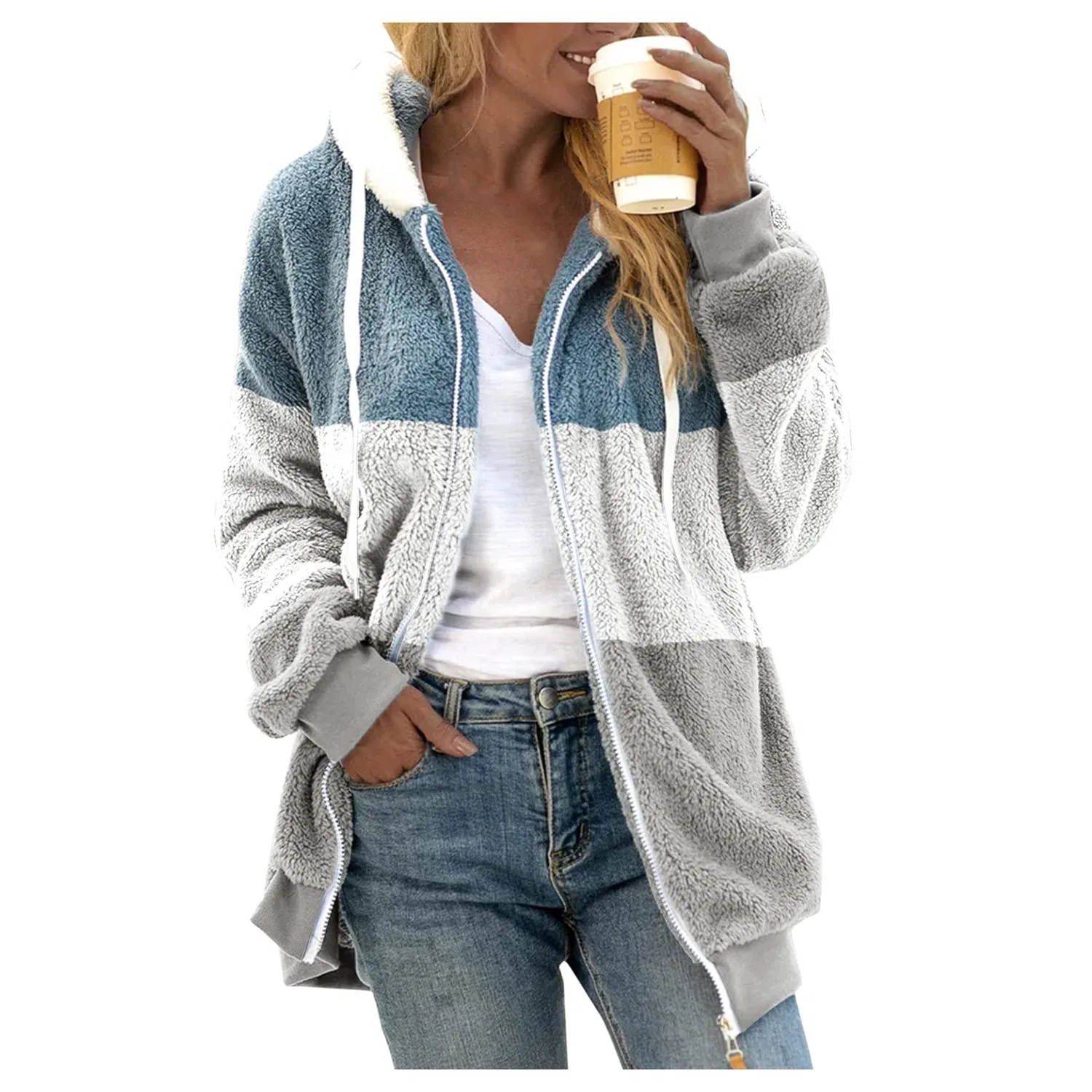 Женская флисовая куртка с капюшоном, легкая, Women's fleece jacket with hood, Grey — фото 2