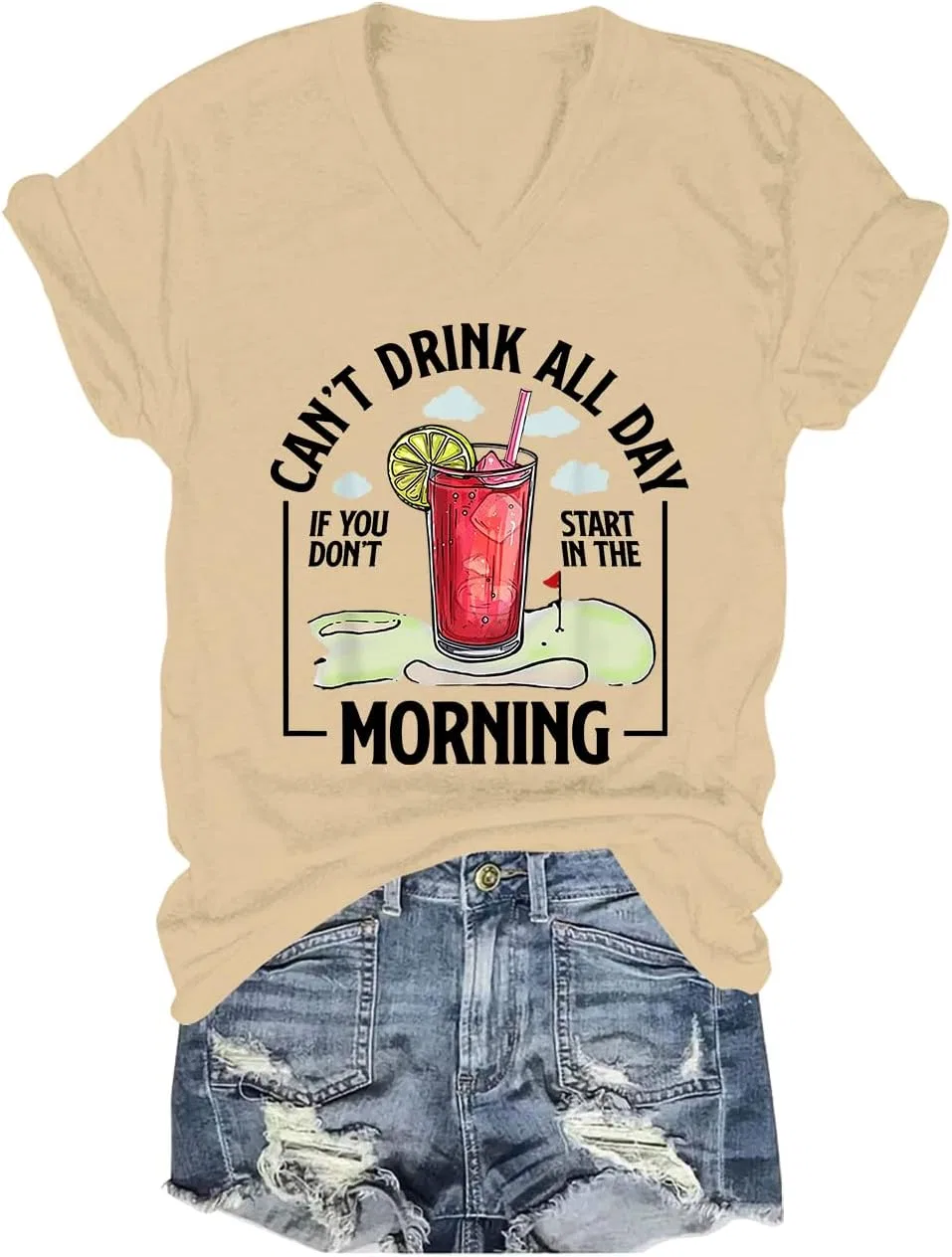 Футболка с принтом Cant Drink All Day If You Don't Start in The Morning Unisex, Khaki