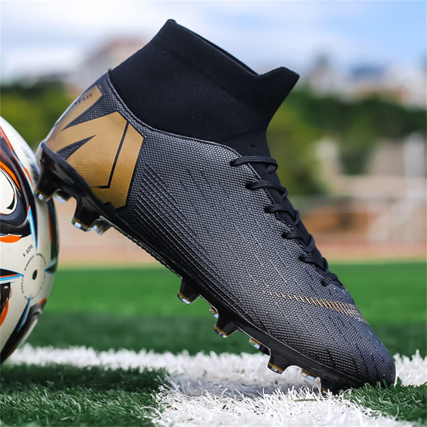 Кроссовки JOSKAA Unisex Soccer Skeak легкие, дышащие, не скользят и амортизируют, а The Youth high top Indoor Lawn Training Hard Bottom TF/AG, черный — фото 2