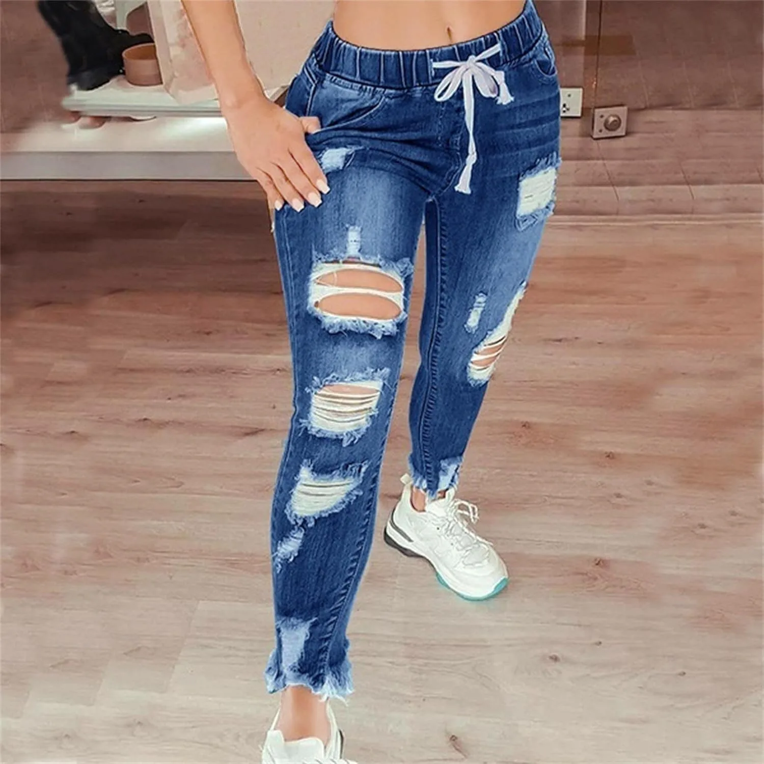 Женские джинсы High Waist Skinny с потертостями — фото 2