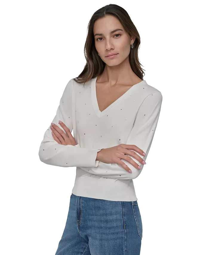

Женский свитер с V-образным вырезом и шипами DKNY Jeans, слоновая кость/кремовый