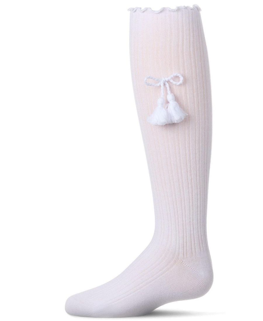 

Высокие хлопковые носки до колена для девочек, отделанные кисточками и бантиками, с волнистым краем MeMoi, White